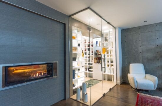 Glass Wine Cellar with Water Feature by Genuwine Cellars