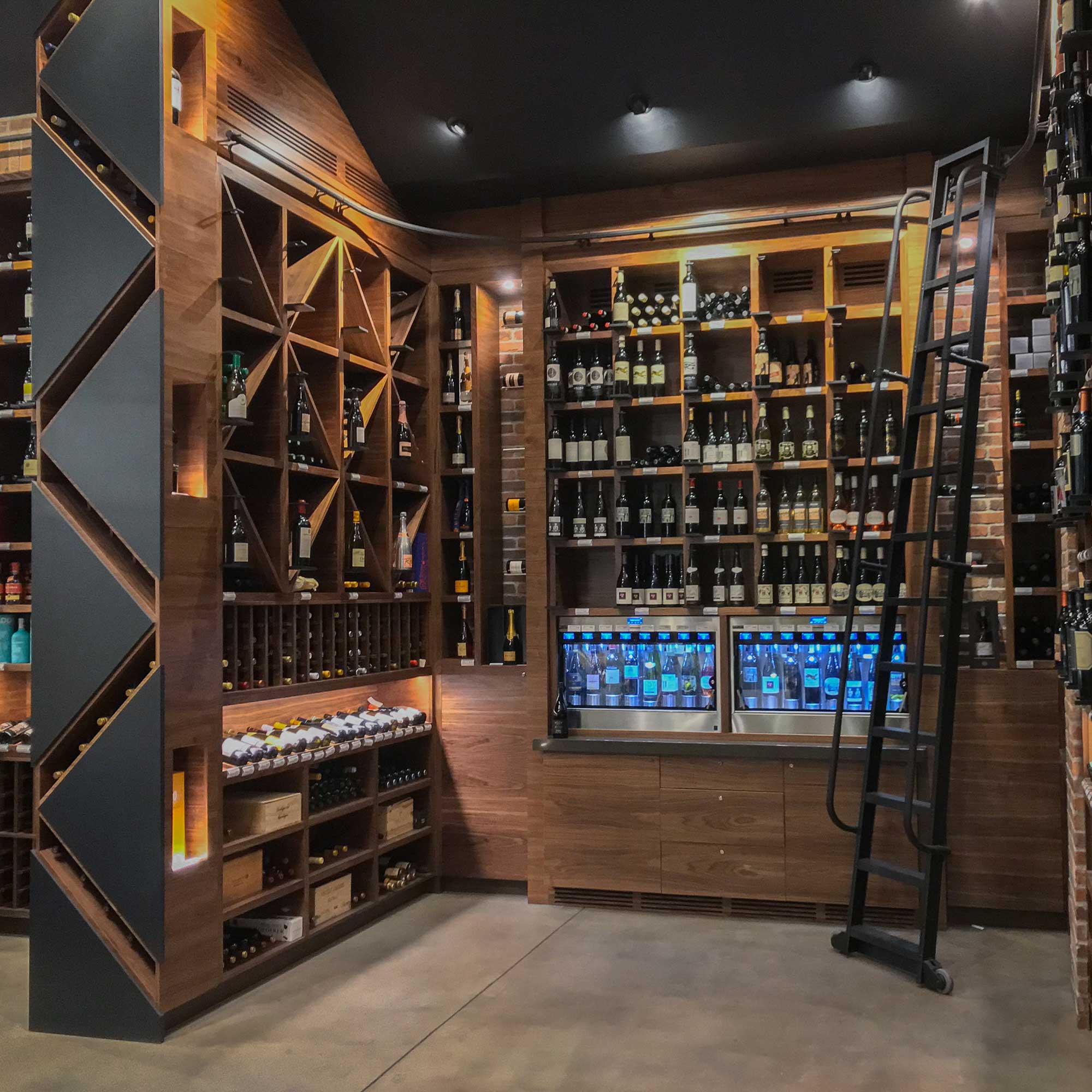 Traditional Wood wine wall with Contemporary Accents