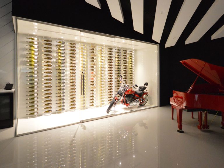 modern glass-enclosed wine cellar with floating Ring cable racks - Genuwine Cellars