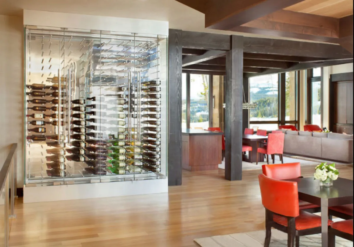glass enclosed peg wine display in restaurant