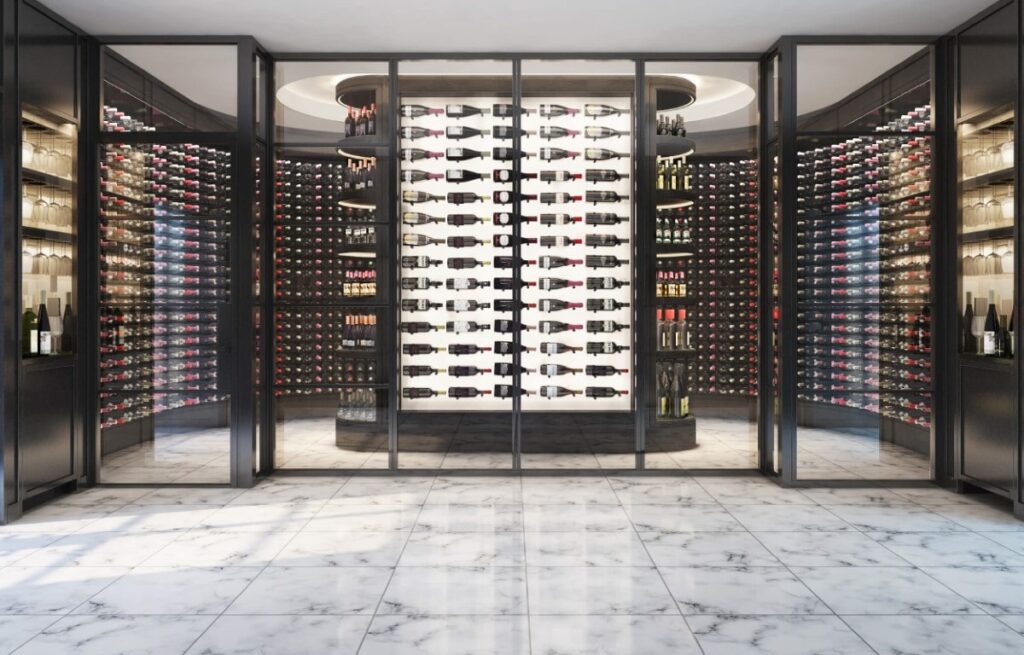 Wine cellar design with glass doors and label forward