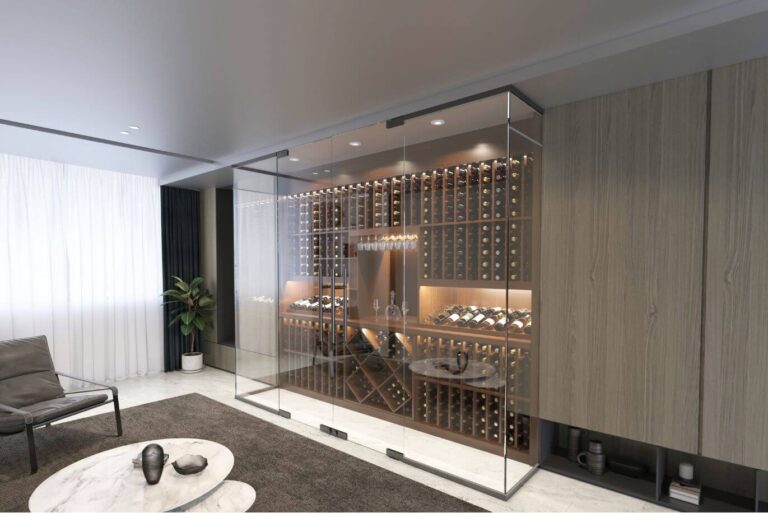 Glass enclosed wine cellar by Genuwine Cellars with wooden racks