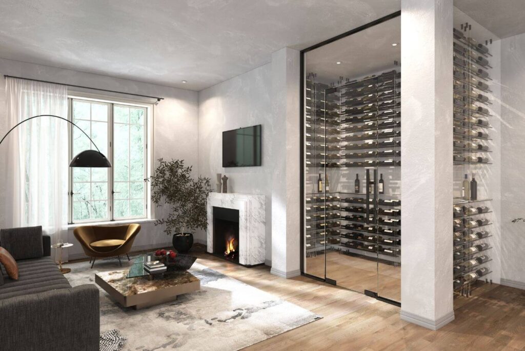 Example of modern wine cellar design with glass door in direct client house