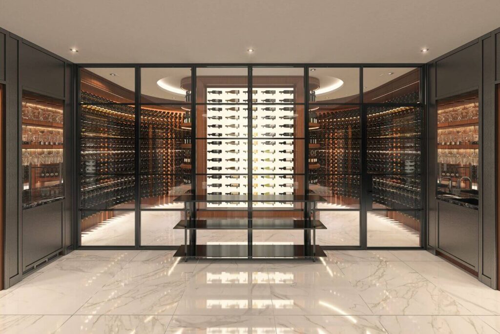 Custom Glass enclised wine cellar with glass door and wooden racks