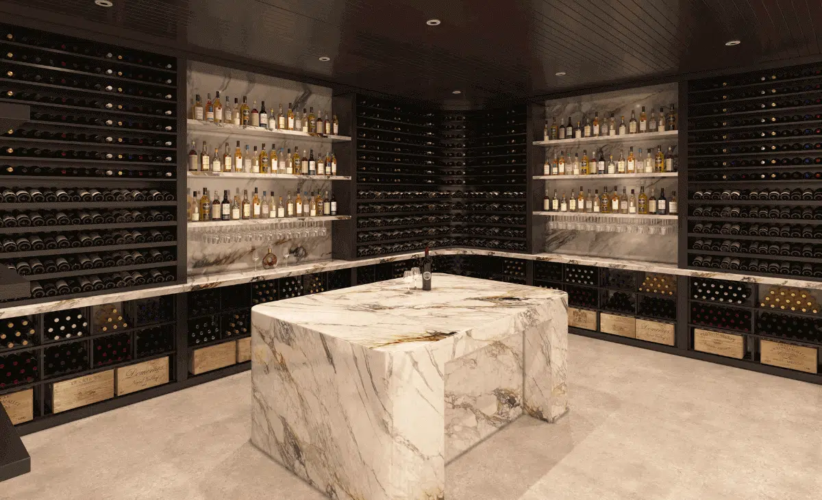 wine cellar with tasting table in basement - Genuwine Cellars design