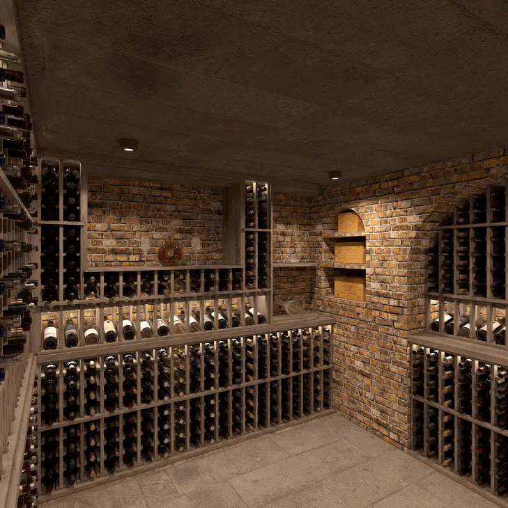traditional wine cellar with wooden wine racks and case storage - Genuwine Cellars