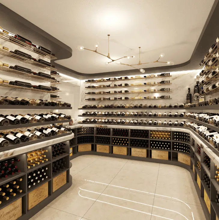 wine cellar design that combines wooden and metal racking