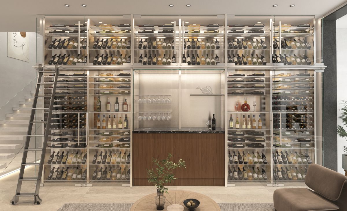 glass enclosed wine wall with metal rolling ladder  - Genuwine Cellars Design