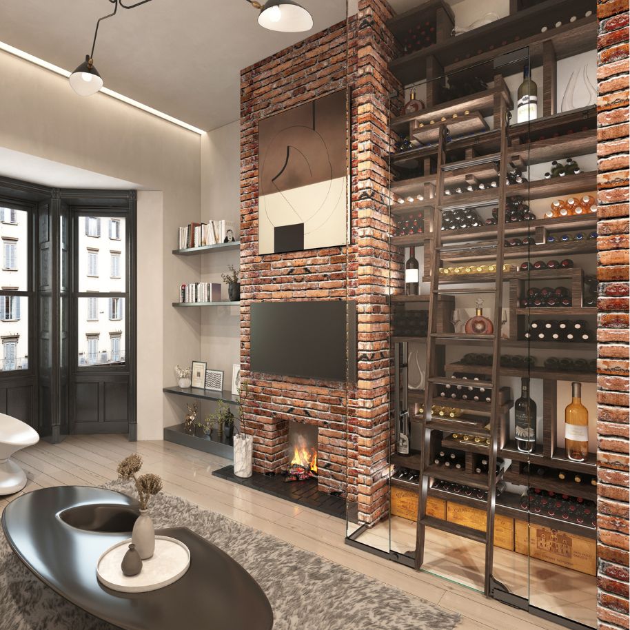 wine wall with modern wine cellar design and rolling ladder
