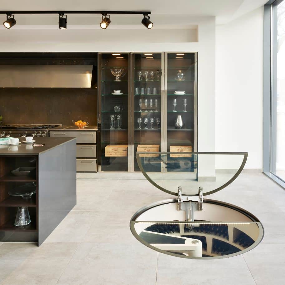 spiral wine cellar in the kitchen space