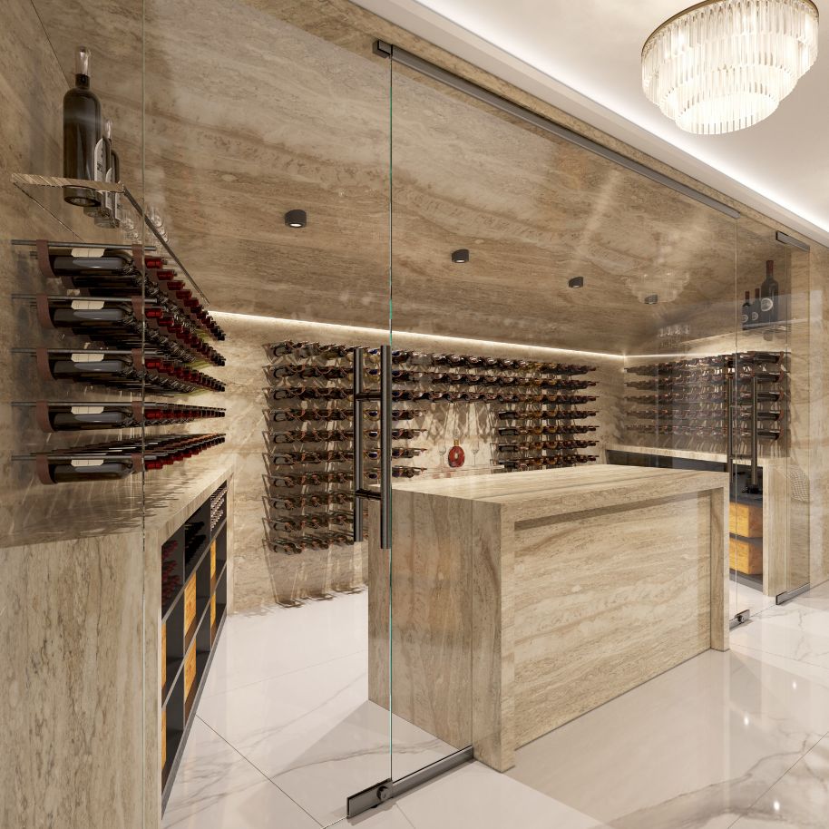 glass wine cellar with wooden traditional design and metal racks