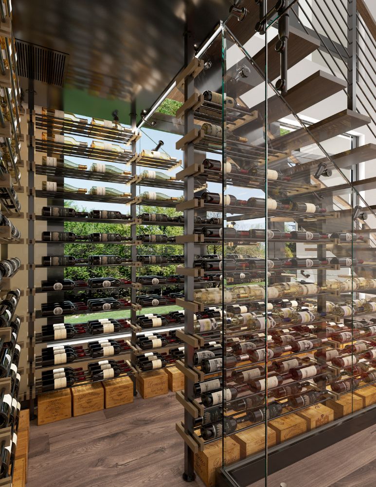 contemporary wine cellar side view - metal wine racks and wine cases