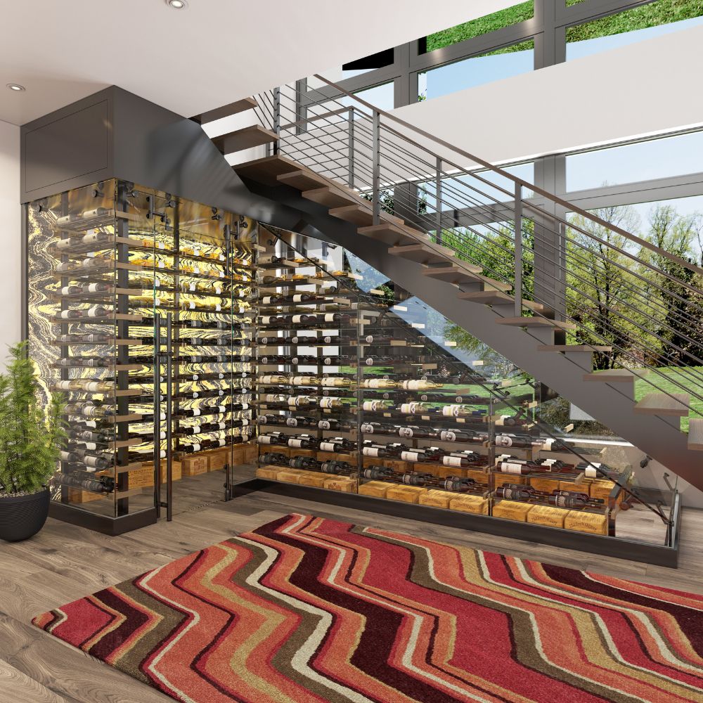 modern wine cellar design with metal wine racks and case storage - Genuwine Cellars